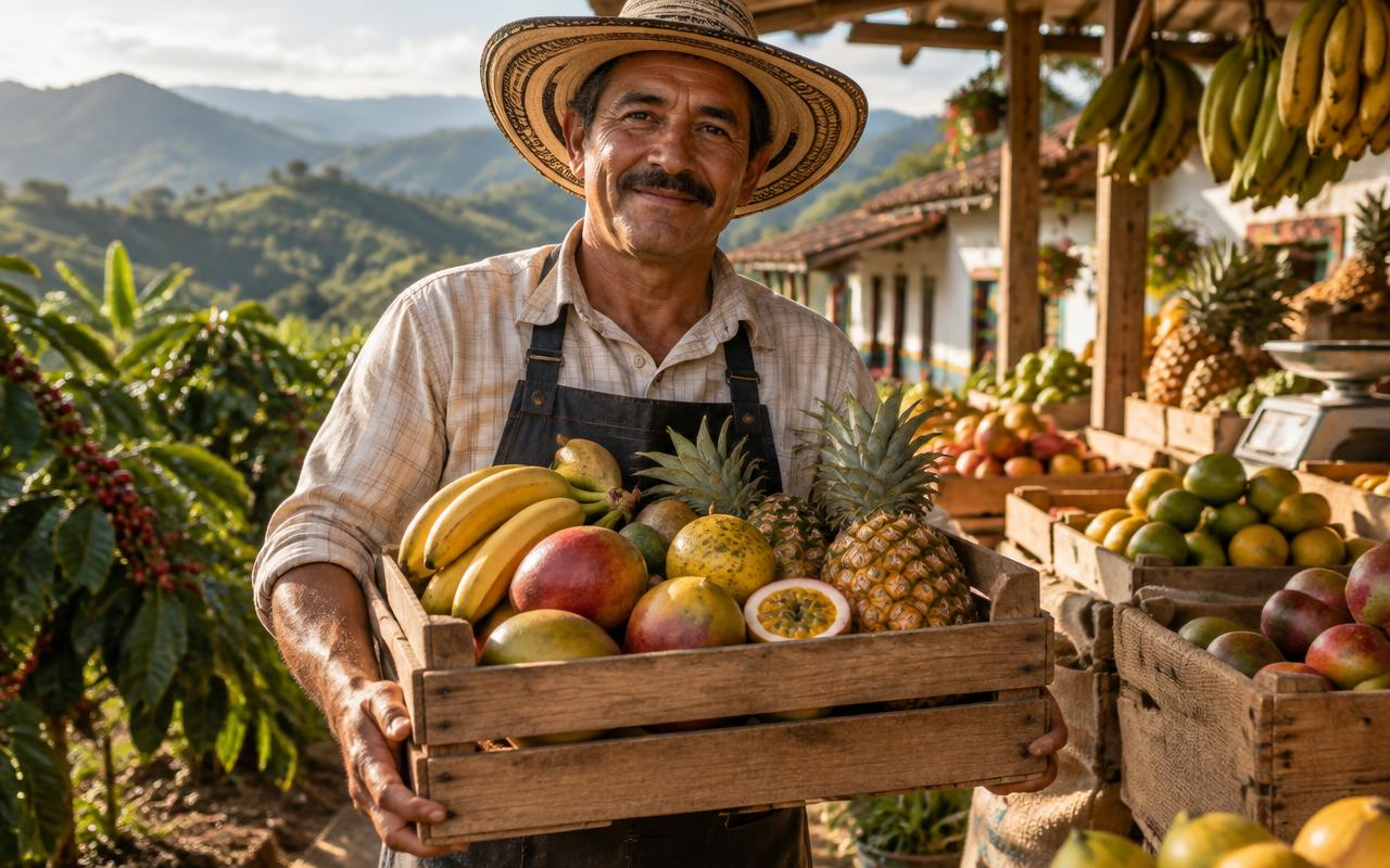 Productor colombiano con una cosecha de frutas tropicales